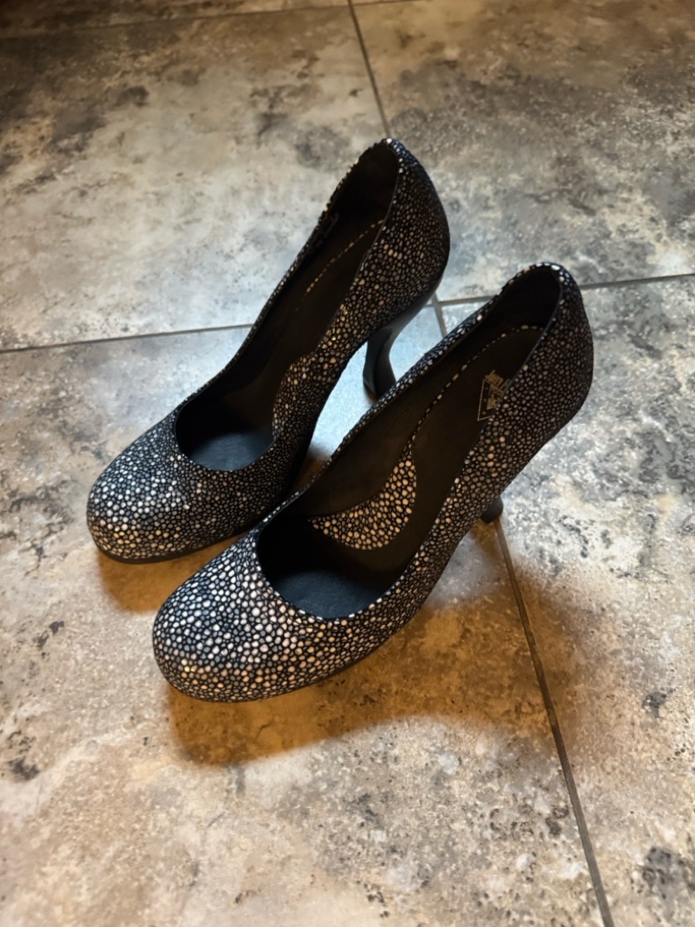 John Fluevog Black and White Speckled Rounded-Toe Stiletto Pumps